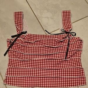 SHEIN Red and White Ruched Tie Front Tank Top